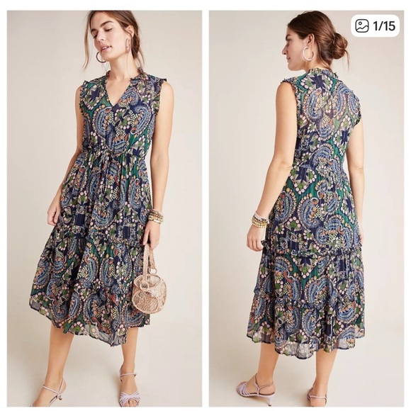 Anthropologie Dresses & Skirts - NWOT Anthropologie Multicolor Paisley Elmira Ruffled Midi Dress Size 8